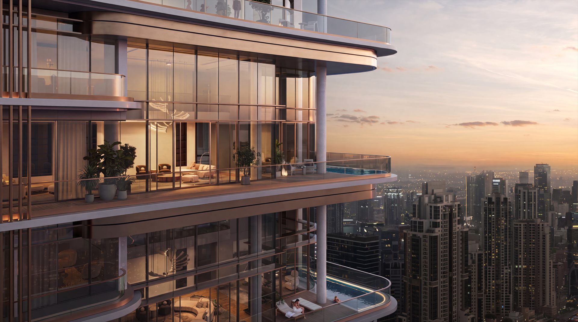 Glass tower with balcony pools above the Dubai Marina skyline